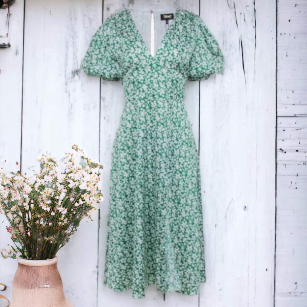 Alexia Admor Green & White Floral Puff Sleeve Slit Front Maxi Dress Size 4 - Picture 10 of 13